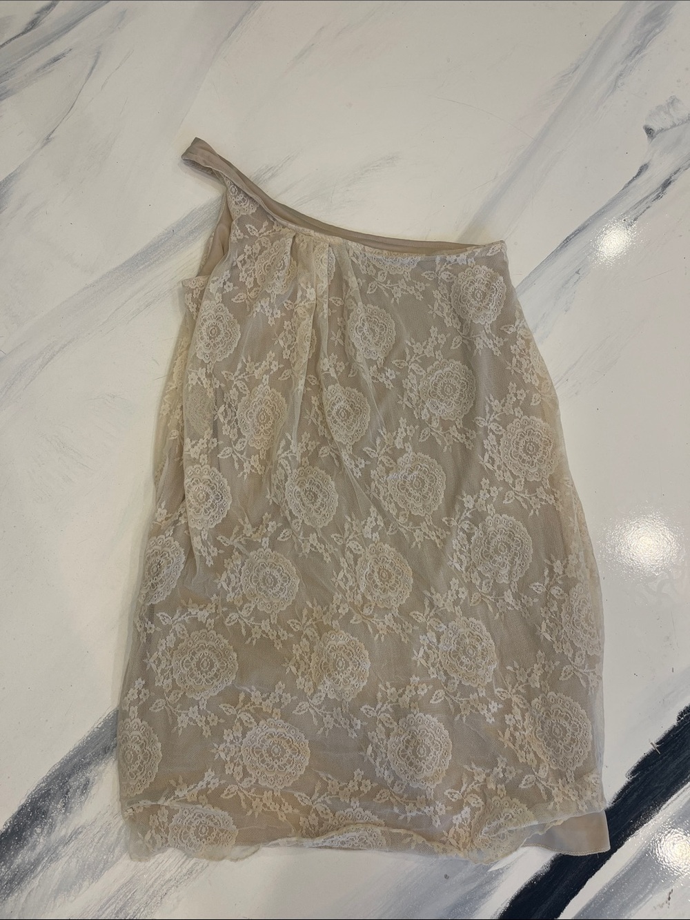 Judith March One-Shoulder Nude Dress with White Lace READ